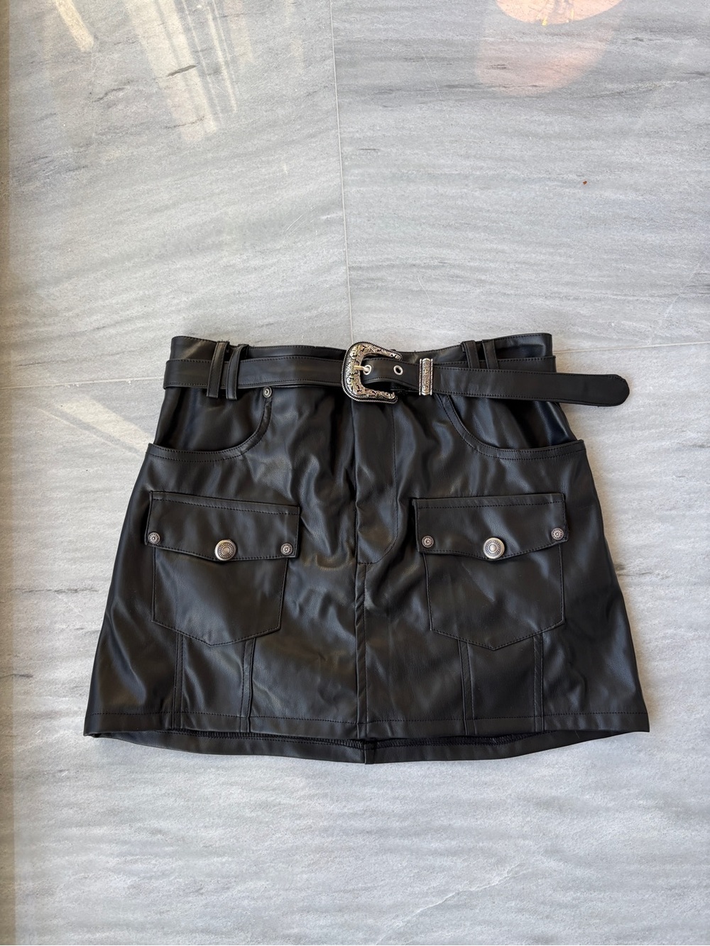 Black Faux Leather Mini Skirt with Belt